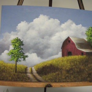 Barn, Trees, Clouds, Field, Path, Road, Farm, Summer, Spring, Original Landscape Oil Painting