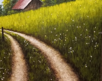 Farm, Barn, Field, Road, Fence, Mountains, Spring, Tree, Flowers, Original Landscape Oil Painting