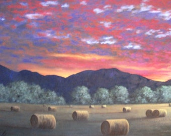 Mountains, Sunset, Whitefish mountain range, Hay field, Bales, Montana, Trees, Summer, Landscape Oil Painting