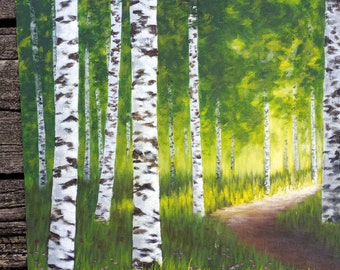 Birch trees, Woods, path, Flowers, sunlight, forest, Spring, summer, Original Landscape Oil Painting