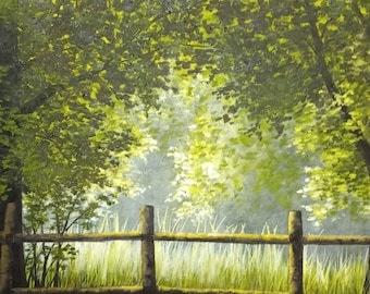 Trees, Field, Fence, Woods, Sunlight, Summer, Grass, Nature, Summer, Spring Original Landscape Oil Painting