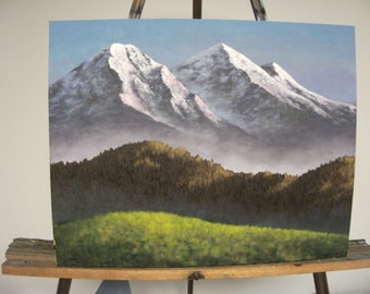 Mountains, Trees, Snow Capped, Western, Spring, Field, Grass, Original Landscape Oil Painting