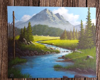 Mountains, Creek, Stream, River, Woods, Spring, Spring, Trees, Sunlight, Original Landscape Oil Painting