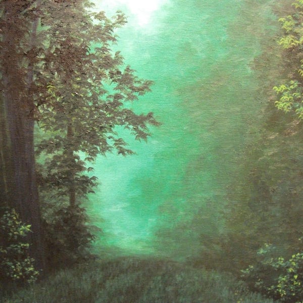 Tree, Forest, Woods, Path, Dark, Nature, Leaves, Grass, Sunlight, Summer, Spring, Original Landscape Oil Painting