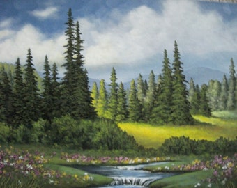 Woods, Trees, Stream, Waterfall, Meadow, Mountains, Pine, Clouds, Spring, Summer, Nature, Original Landscape Oil Painting