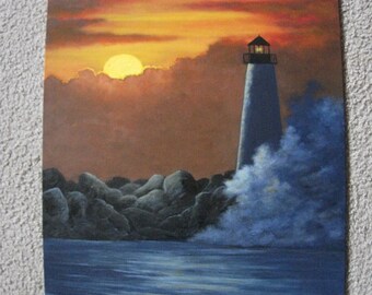 Lighthouse, Waves, Breaker, Sunset, Sunrise, Ocean, Sea, Summer, Original Landscape Oil Painting