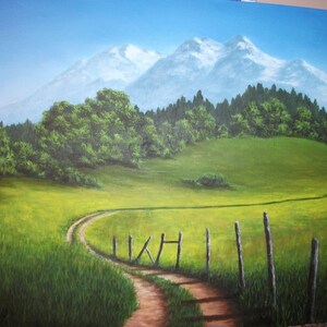 Mountain, Summer, Field, Road, Path, Fence, Grass, Spring, West, Tree,Nature, Abandoned, Original Landscape Oil Painting