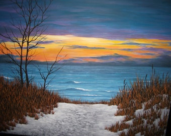 Beach, Dune, Grass, Sand, Lake, Ocean, Wave, Path, Michigan, Tree, Clouds, Summer, Sunset, Sunrise, Original Landscape Oil Painting