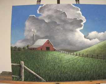 Barn, Storm, Field, Farm, Clouds, Windmill, Fence, Summer, Spring, Sunlight, Original Landscape Oil Painting