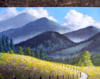 Mountains, Appalachia, summer, Trees, Flowers, Spring,  Path, Fence, Original Landscape Oil Painting