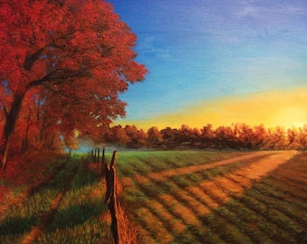 Sunrise, Sunset, Farm, Farmers, Field, Fence, Fall, Autumn, Tree, Sunlight, Path, Original Landscape Oil Painting