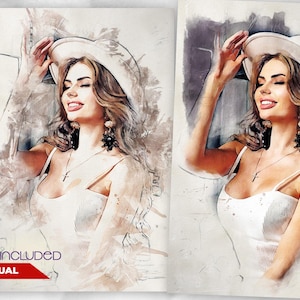 May include: Watercolor-style artwork featuring a woman in a white dress and hat. The image has a soft, artistic feel with the text "Quick Aquarelle" and "Presets Included" visible. The woman is wearing a necklace and earrings.