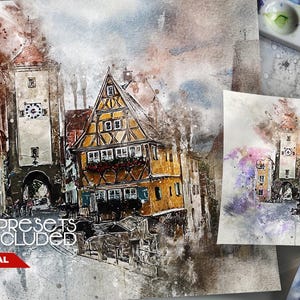 Puede incluir: Una acción de Photoshop con ajustes preestablecidos incluidos que crea un efecto de acuarela. La imagen muestra una pintura de acuarela de una ciudad europea con edificios y una torre del reloj. El texto "Splatter Watercolor 2 Photoshop Action GoryArt" es visible en la imagen.