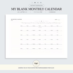 My Monthly Calendar Blank Printable PDF | Digital Download | Monday or Sunday Start | Landscape A4 / Letter
