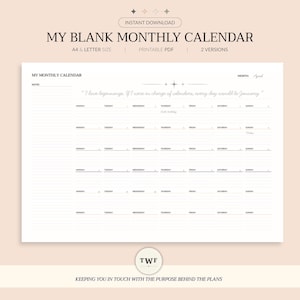 My Monthly Calendar Blank Printable PDF | Digital Download | Monday or Sunday Start | Landscape A4 / Letter