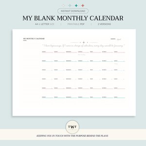 My Monthly Calendar Blank Printable PDF | Digital Download | Monday or Sunday Start | Landscape A4 / Letter