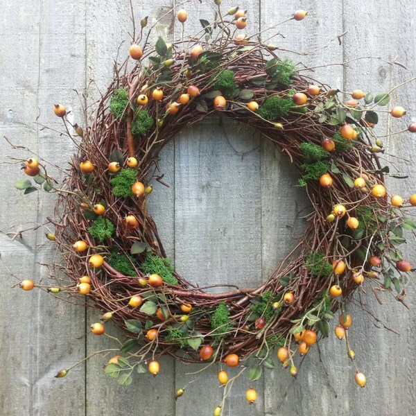 Birch twig wreath with rosehips