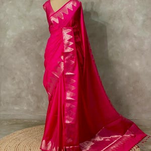 Sari de seda Banarasi rosa Rani, sari de boda de diseñador, patrón de templo con blusa, sari tradicional para mujer, ropa étnica del sur de la India, zari tejido