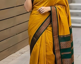 Yellow Kanjivaram Silk Saree with Zari Border and Blouse Piece