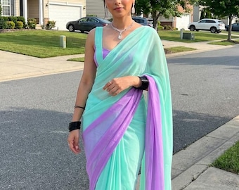 Prêt-à-porter Georgette Saree voor dames, receptielook met bangaloriblouse Veelkleurige lichtgewicht feestsari Wereldwijde verzending
