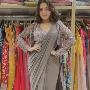 Ivory Beige  Ready to Wear Saree with Blouse & Jacket Georgette Pre Draped Saree for Indian Weddings USA UK Party Wear Saree for Women