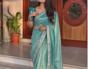 Teal Banarasi Tissue Saree, Gold Embroidery, Pre-Draped Party Wear