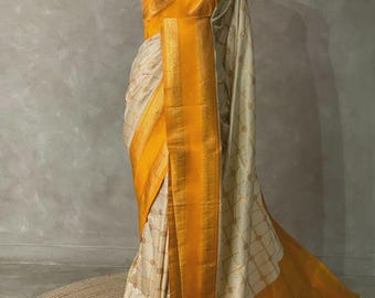 Sandal & Yellow semi banarasi saree checks butta design with blouse haldi saree zari border India festive wear saree uk usa free delivery