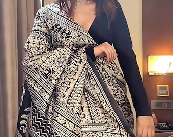 Kalamkari Block Print Art Silk Saree: Schwarz Beige ethnischer indischer Saree USA UK Australien