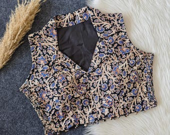 Pure cotton handblock print sleeveless saree blouse with collar front open womens side elastic blouse floral pattern usa uk free delivery