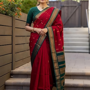 Red Kanjivaram Silk Saree with Zari Border and Blouse Piece image 1