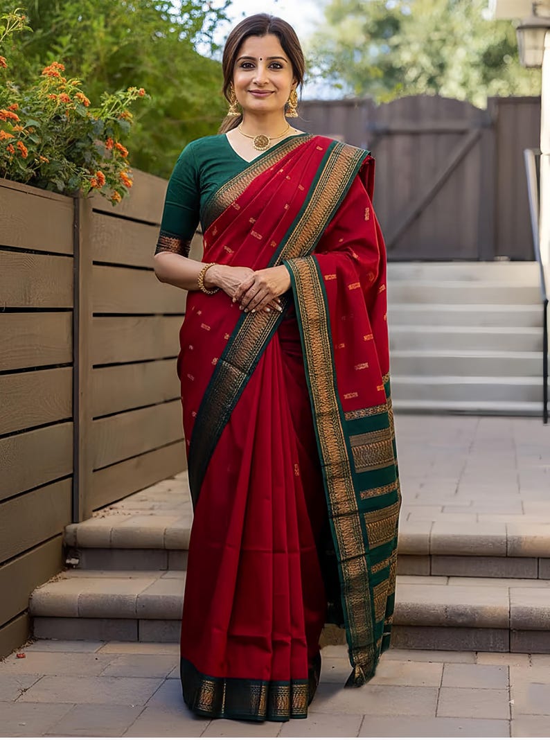 Red Kanjivaram Silk Saree with Zari Border and Blouse Piece image 1