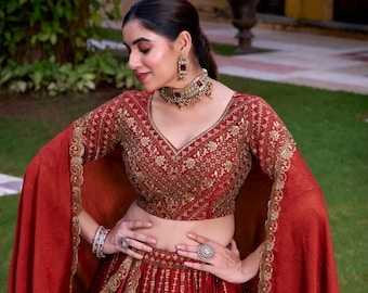 Rust Orange Lehenga Choli: Sequins Embroidery Indian Wedding Outfit