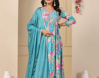 Blue Floral Muslin Anarkali Kurti Suit Set with Dupatta & Pants