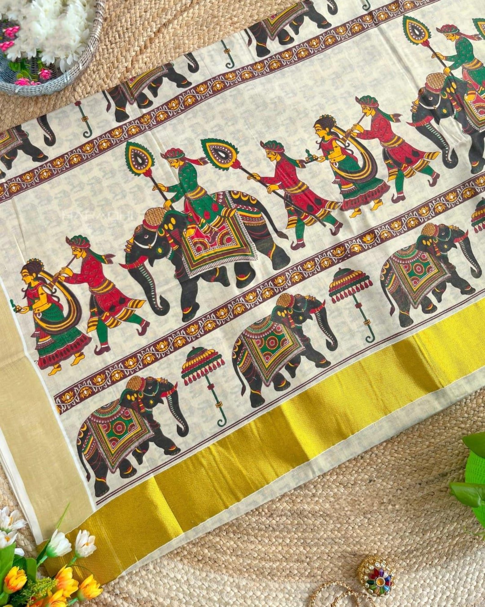 Kerala Kasavu Saree: Elephant Procession Print, Gold Border, Blended Silk Cotton