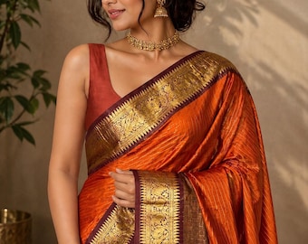Rust Orange Semi Banarasi Saree with Antique Gold Zari Checks and Blouse Piece
