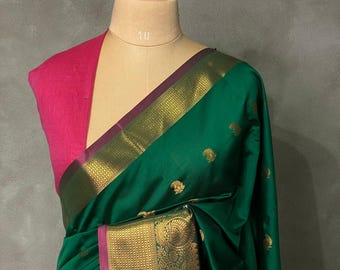Green Purple Kanjivaram Silk Saree with Gold Zari Weaving, Wedding Festive Wear