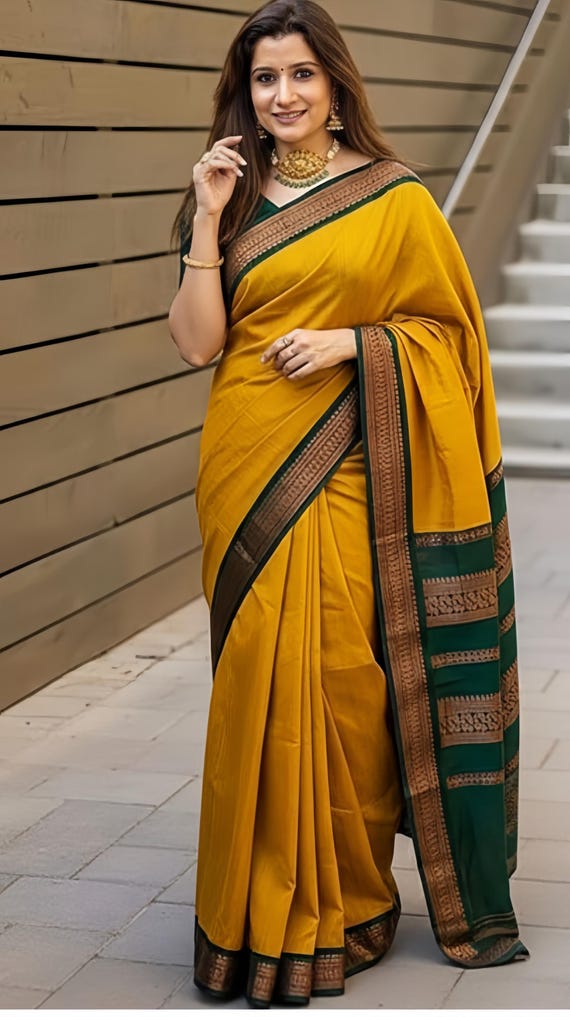 Yellow Kanjivaram Silk Saree with Zari Border and Blouse Piece