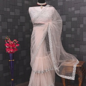 Blush Pink Ruffle Saree: Sequin & Pearl Butterfly Net, Indian Party Wear