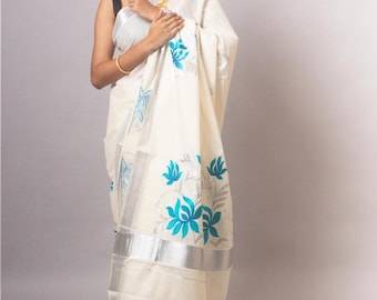Elegant Off-White Onam Saree with Blue Floral Embroidery & Silver zari Kasavu Border with tassels saree for women usa uk free delivery