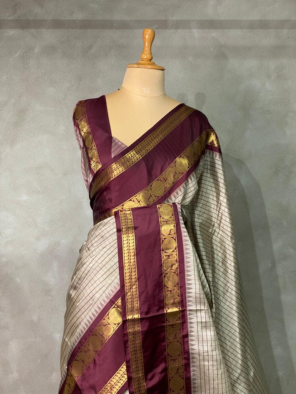 Beige & Maroon Kanjivaram Soft Silk Saree for women, South Indian Wedding reception look part wear Pooja Sari saree usa uk