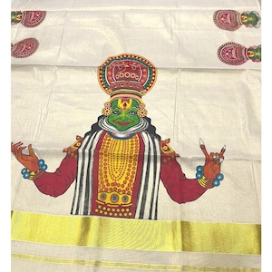 Kerala Kathakali Print Saree | Off-White Golden Kasavu Saree | Traditional Artist Design saree | Onam saree Festive Wear USA free shipping