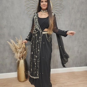 Black Faux Georgette Lehenga Saree with Embroidered Shrug ready to wear saree Party Wear Indian Designer Saree Gown Set USA UK women saree