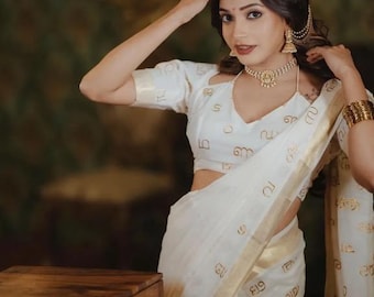 Kerala Cotton Saree with Gold Malayalam Script Blouse – Festive Indian Ethnic Wear