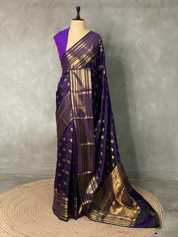 Violet Banarasi silk saree with gold border for women traditional saree with blouse usa uk free delivery