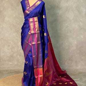 Blue Pink Semi Silk Kanjivaram Saree with Elegant Border, Wedding Guest South Indian Saree