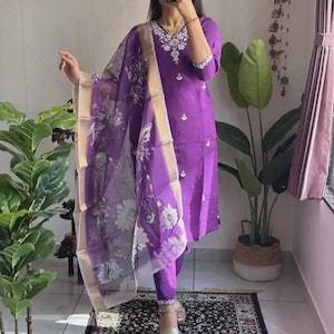 Purple Silk sequence Indian Pakistani Kurti Suit with Embroidery & Organza Dupatta Floral Print Ready to Wear Roman Silk 3 Piece Ethnic Set