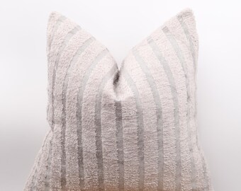 Light Gray Striped Textured Pillow Cover, Handmade Gray Tone Cushion, Bohemian Pillowcase, Hairy Velvet Pillow, All Sizes