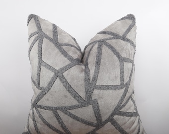 Gray Hairy Velvet Pillow Cover, Gray Velvet Pillow with Stripes, Geometric Cushion Cover, Gray Euro Sham, Square Pillow, All Sizeable