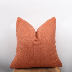 May include: A square, terracotta-coloured cushion with a textured weave. The cushion is made of a soft fabric and is designed for home decor. The cushion is placed on a wooden surface against a white background.