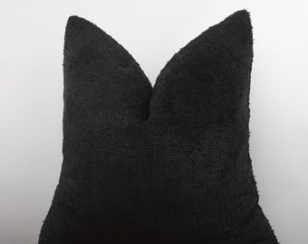 Black Shaggy Velvet Pillow Cover, Charcoal Cushion, Luxury Throw Pillowcase, Black Boucle Cushion, Modern Home Decor, All Sizeable
